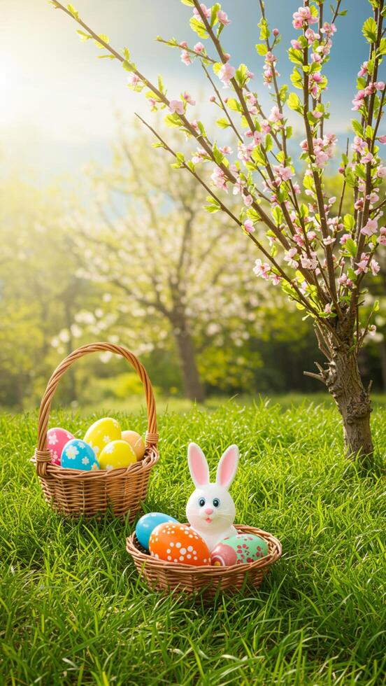 Easter eggs in baskets on grass with flowers and trees photo