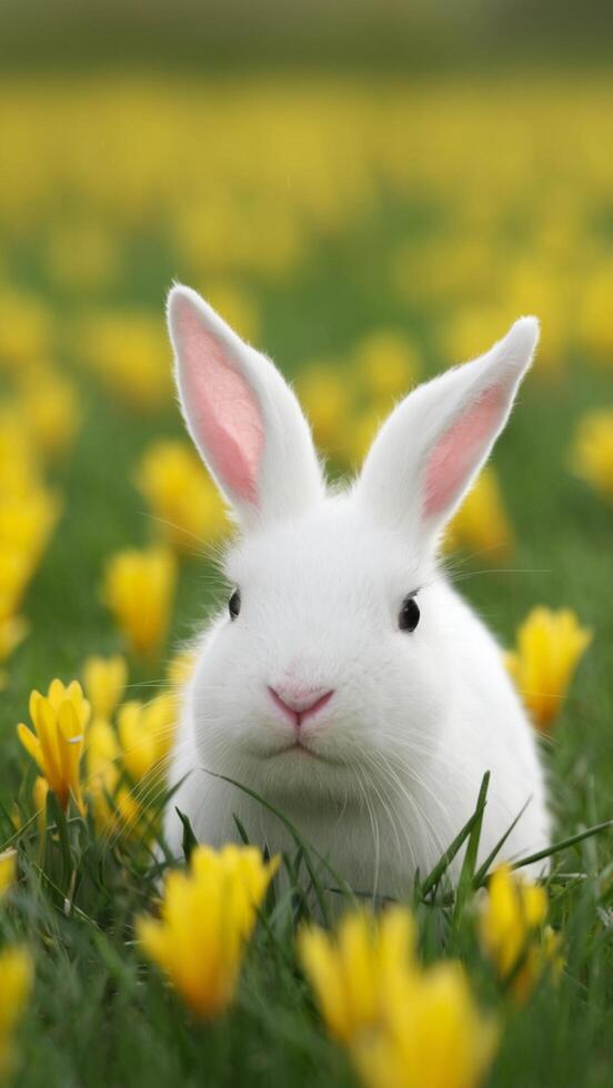 A white rabbit is sitting in a field of yellow flowers photo
