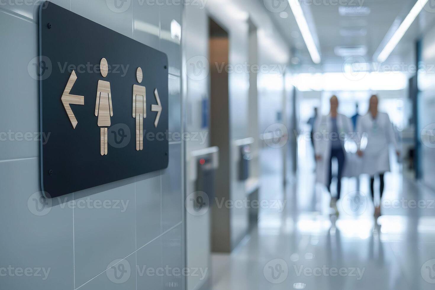 Modern restroom sign in a hospital hallway indicating directions to male and female toilets, with medical staff visible in the background for a clean, professional setting photo
