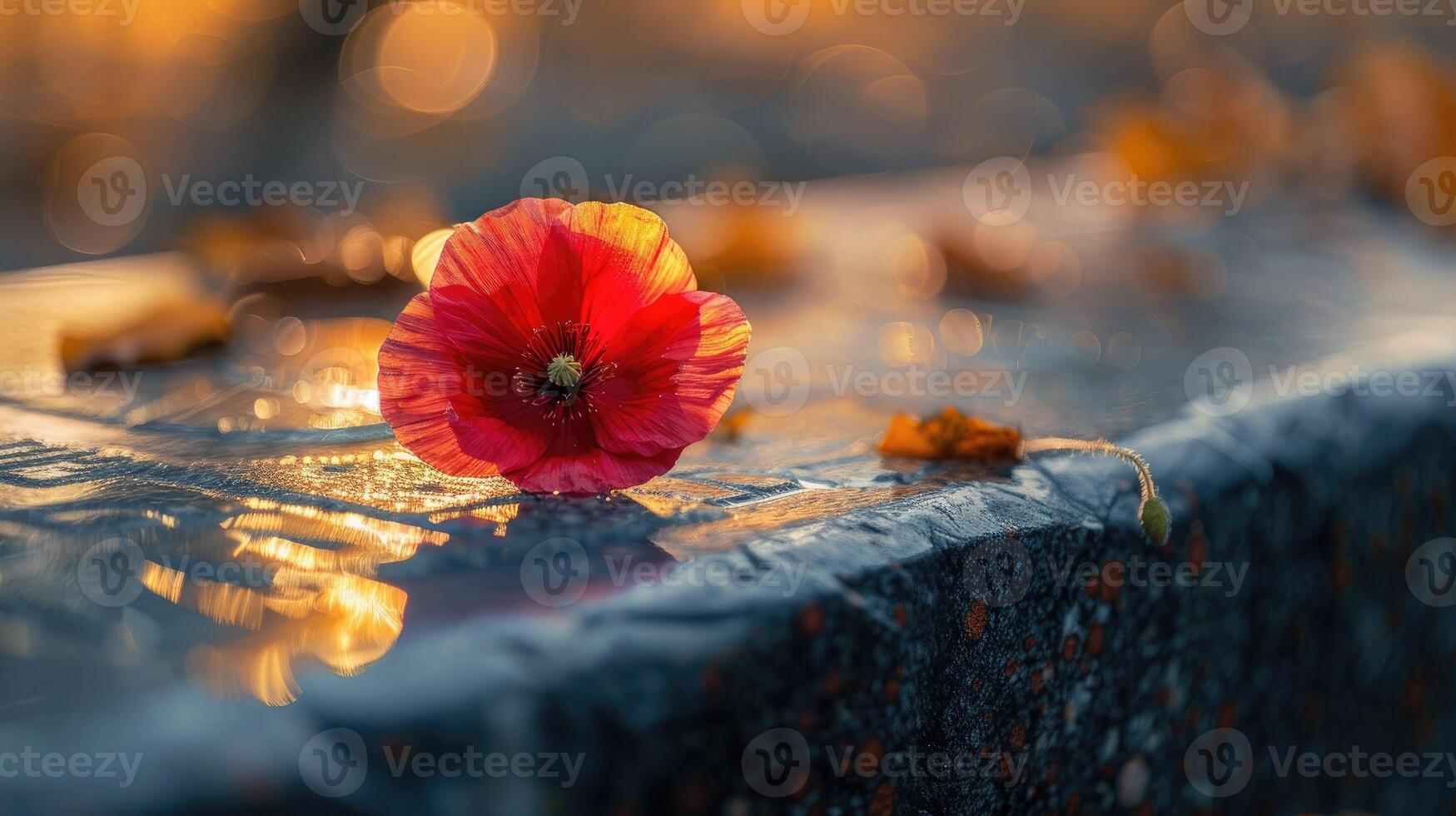 A simple red poppy flower resting on a polished stone memorial. Symbol of Remembrance and Reconciliation Day. photo