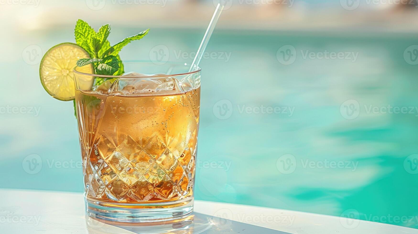 tropical alcoholic cocktail in a glass with ice cubes, a lime wedge and a mint leaf on the edge of a swimming pool at a summer resort photo