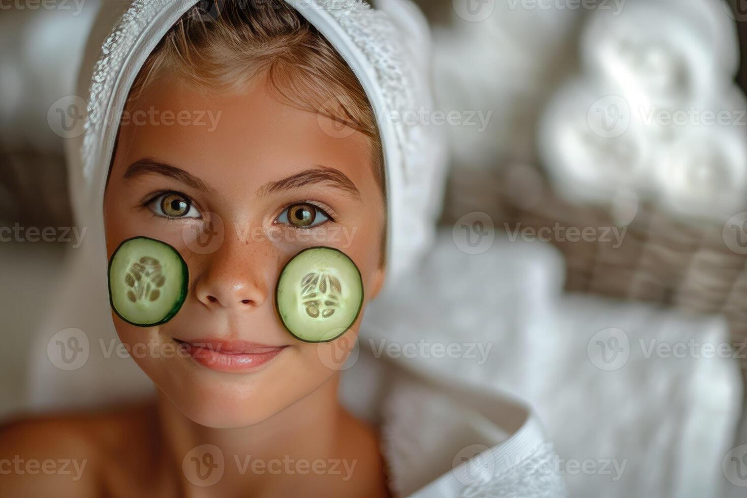 Portrait of young girl at home in bathroom making herself a home spa with towel on head and cucumber slices on cheeks enjoying relaxing moment of self care photo