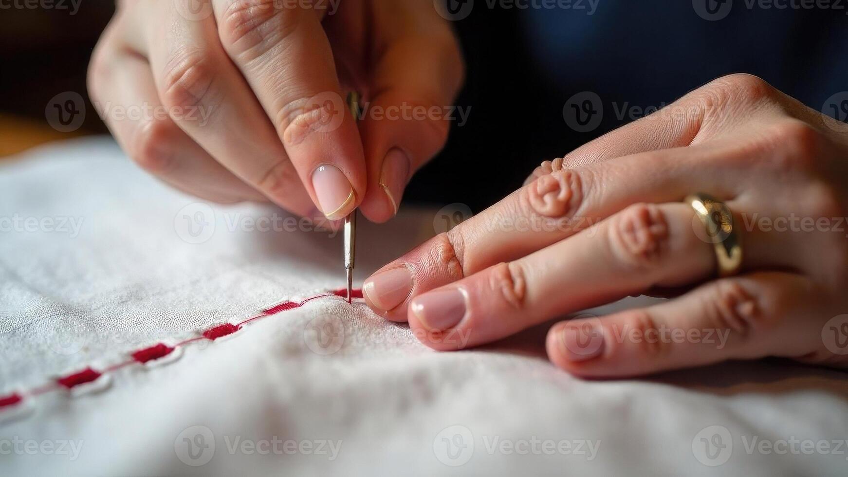 Close up of tailor's hands carefully stitching red thread on white fabric. Detailed view of hand embroidery representing craftsmanship and handwork. photo
