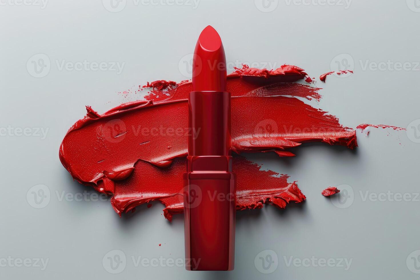 Bold red lipstick on a textured lipstick smear. The vibrant red color symbolizes beauty, confidence and glamour, making it ideal for makeup, fashion and luxury cosmetic themes. photo