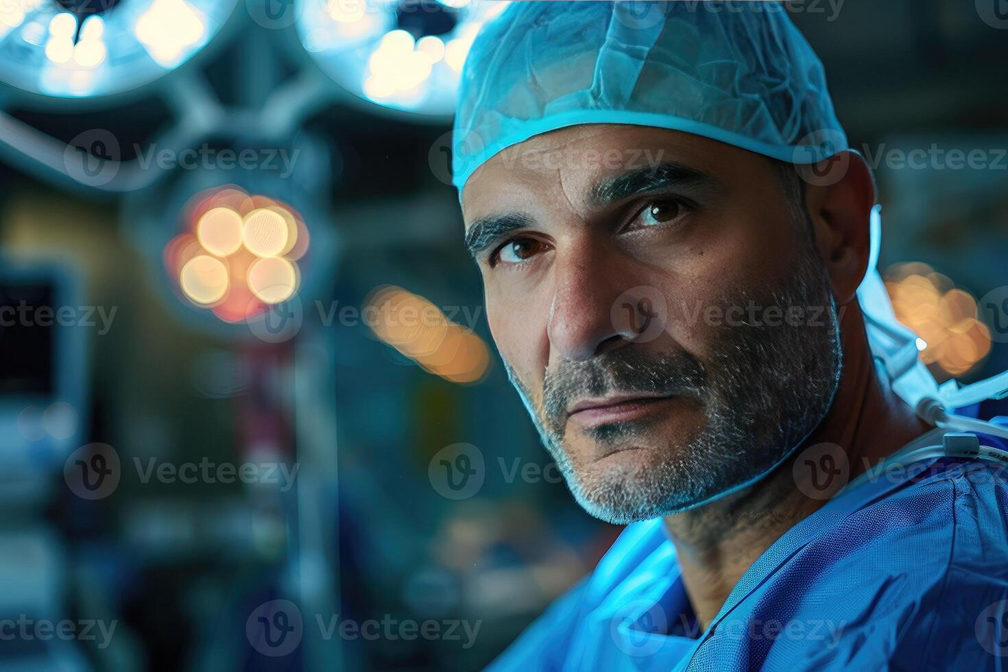 Confident male surgeon in blue coat and cap looking at camera in brightly lit operating room symbolizing focus, professionalism and dedication to medicine photo