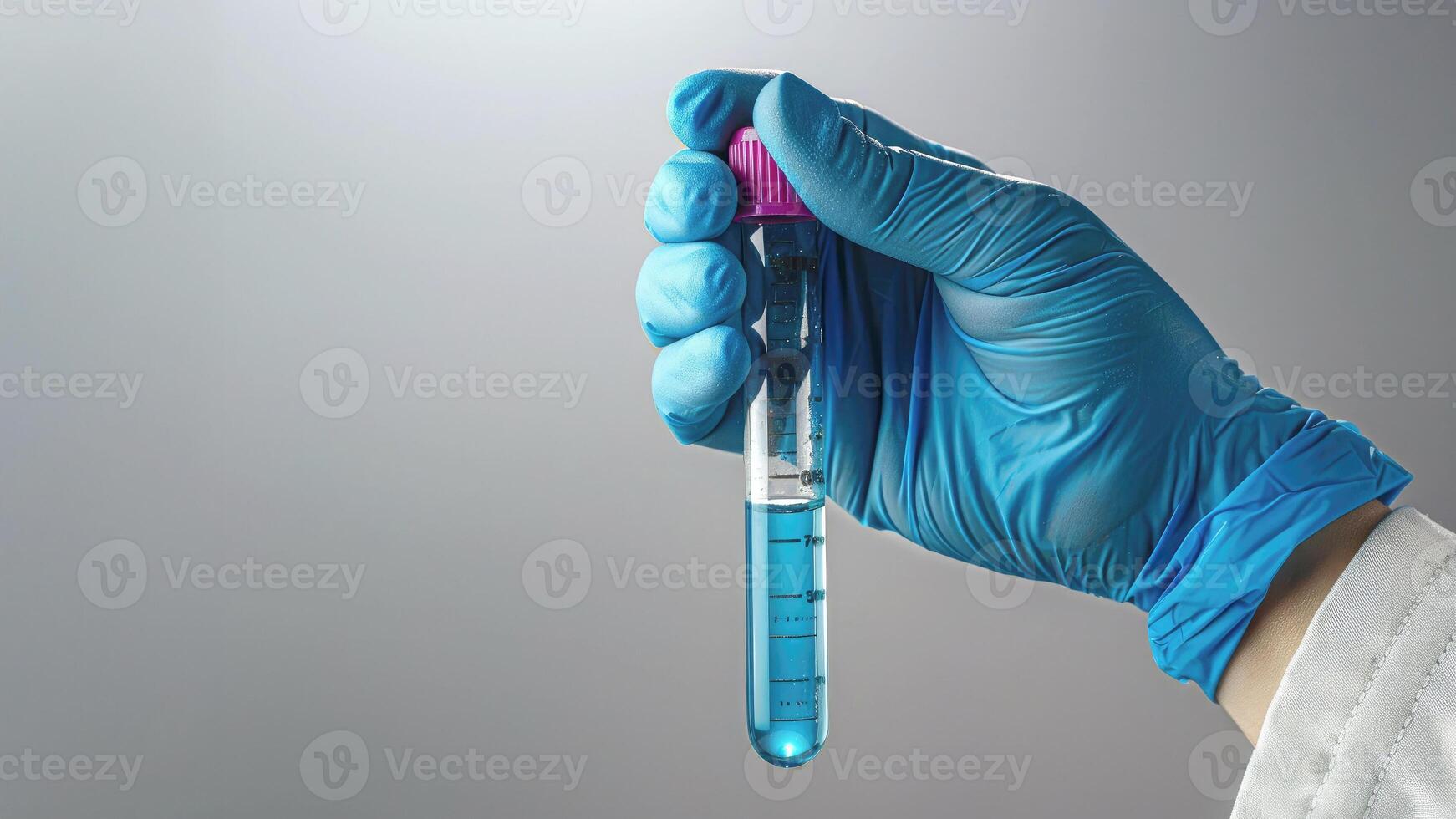 Scientist's hand in a sterile medical glove holds a test tube filled with liquid. Research, innovation and scientific progress in medicine and chemistry. Copy space for text photo