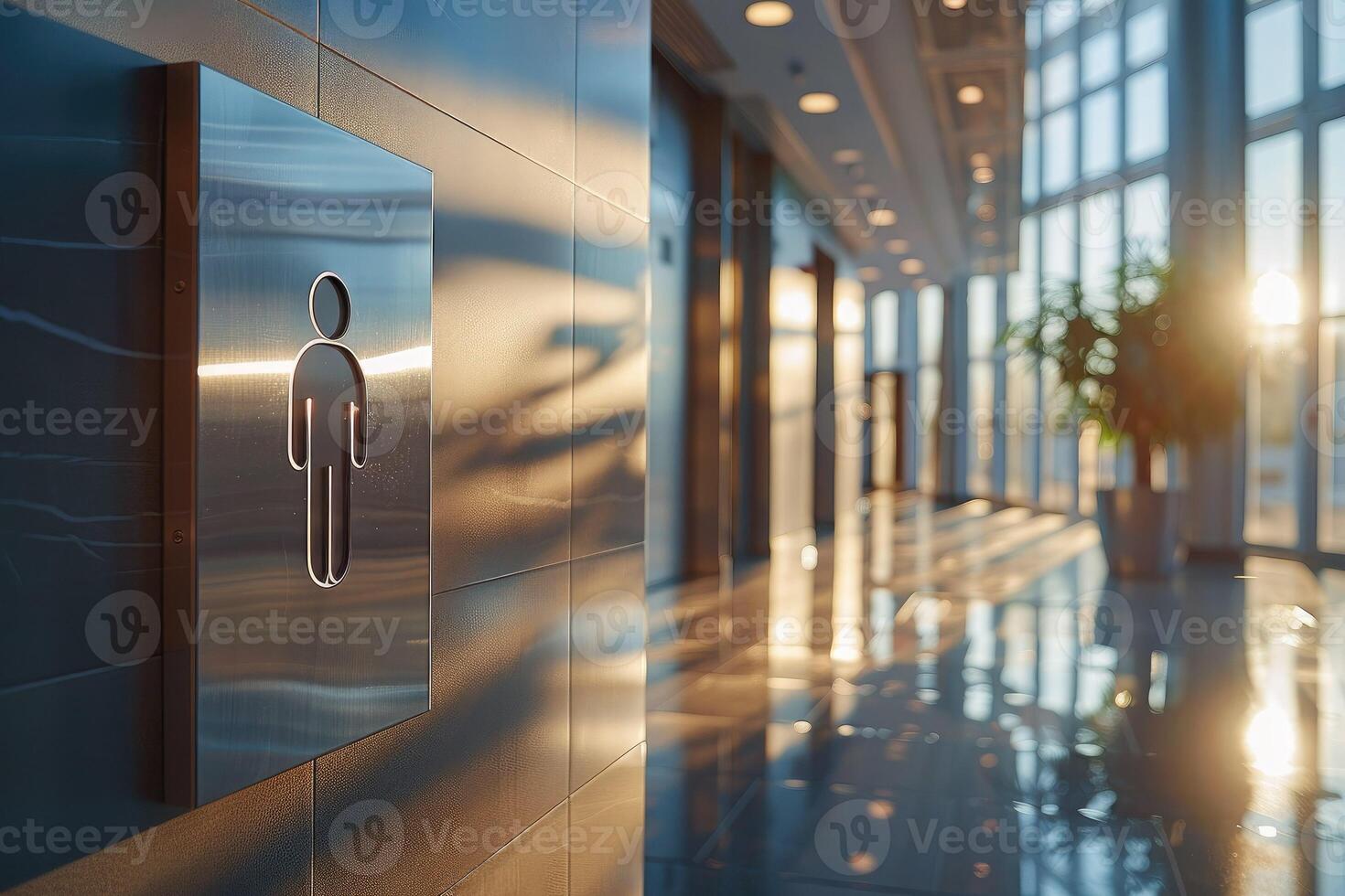 Modern WC sign in the hallway of an office building indicating the direction to the men's restroom photo