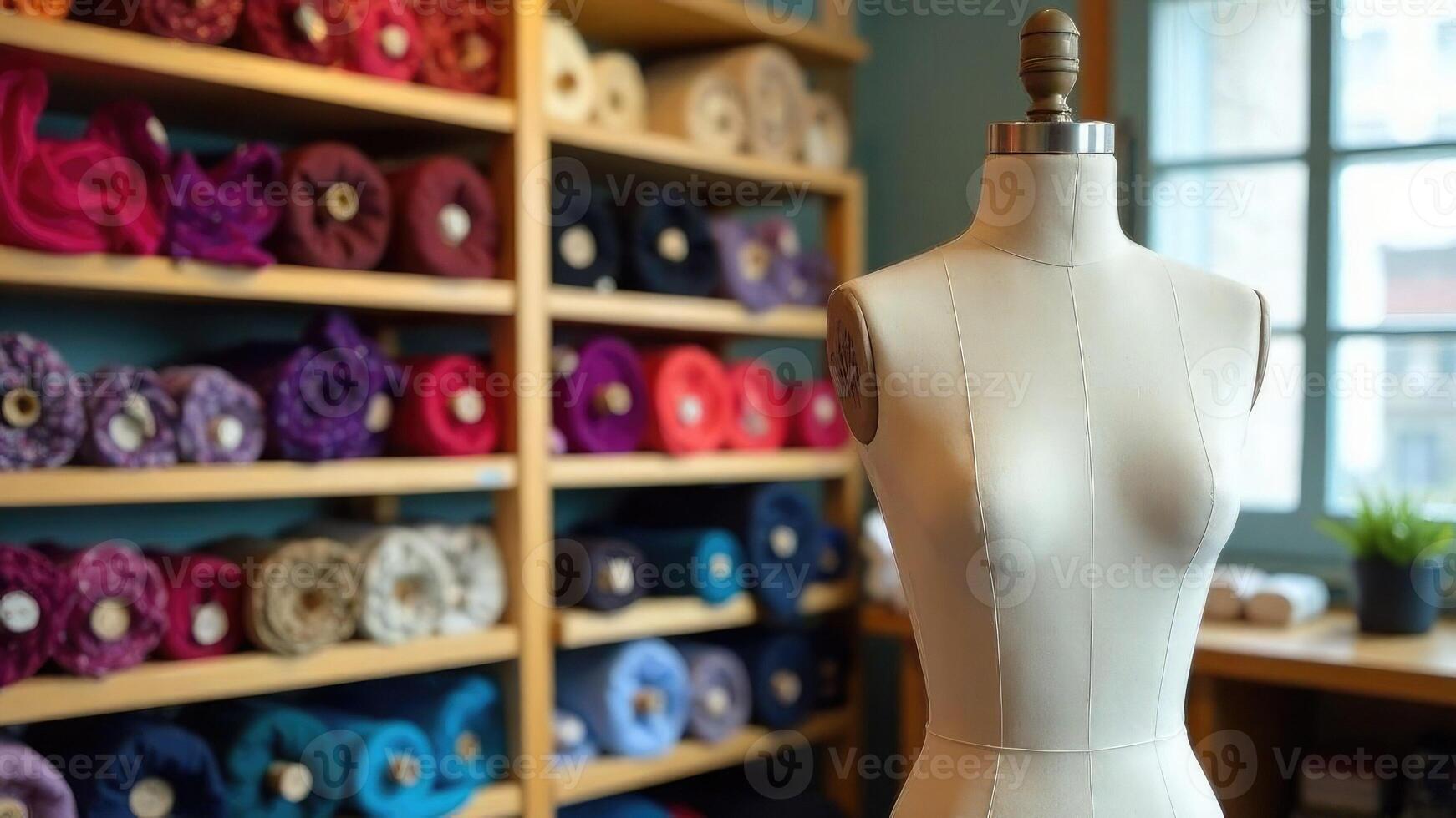 Tailor mannequin in a cozy sewing studio with colorful fabric rolls on wooden shelves. Perfect for fashion design, small business, or DIY creative projects photo