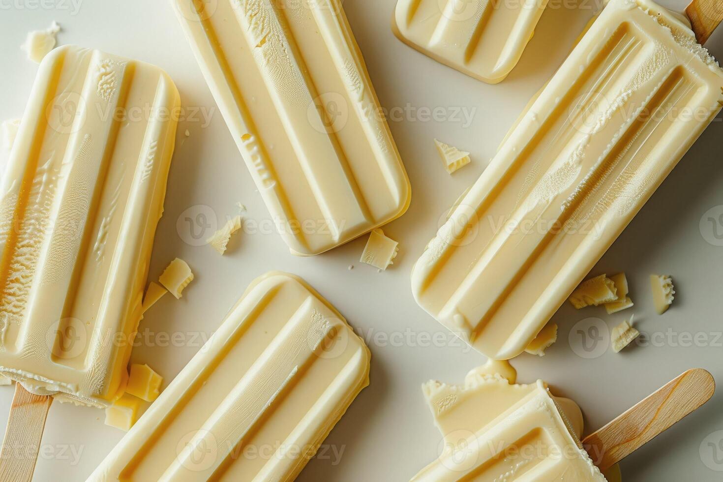 Summer background of vanilla ice cream popsicle on wooden stick. Refreshing summer sweetness, street food photo