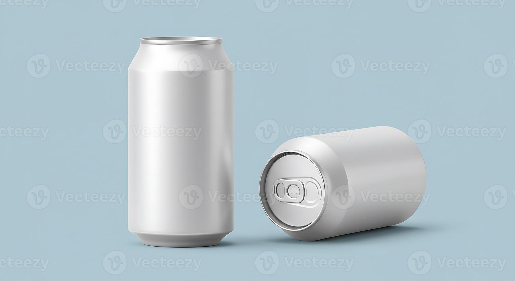 Two Silver Aluminum Cans Standing and Lying Down on Pale Blue photo