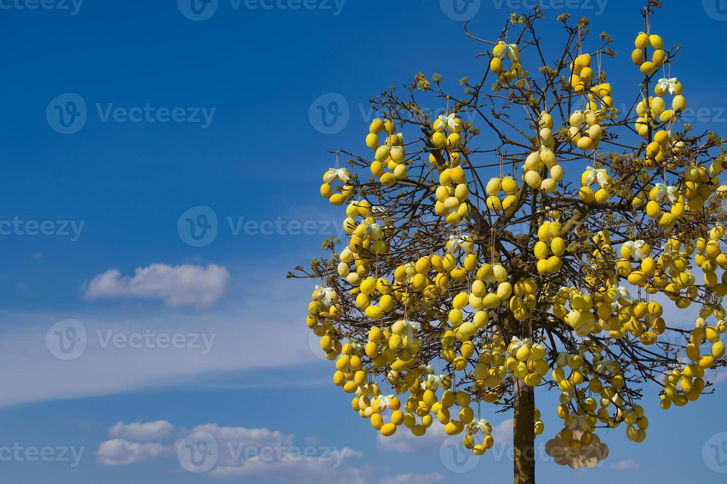 Decorative tree adorned with yellow Easter eggs on a bright, sunny day with a clear blue sky. photo