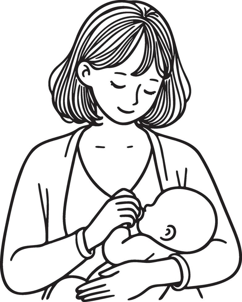 Mother Holding A Baby and Bottle Feeding Line Drawing. vector