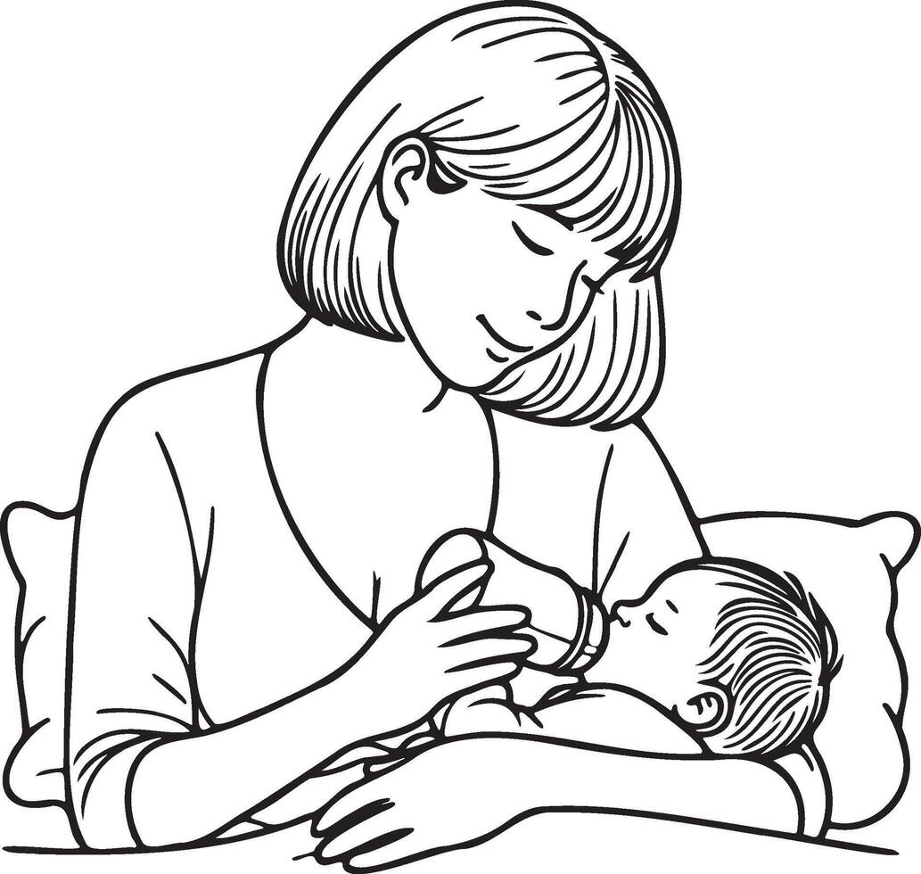 Mother Bottle Feeding Line Drawing. vector