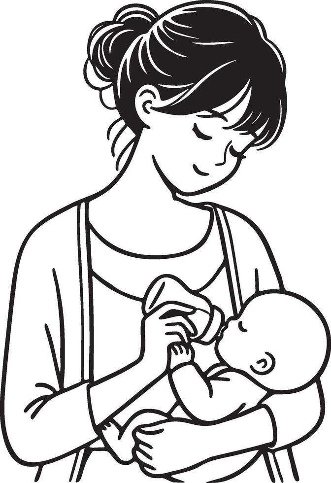 Mother Holding A Baby and Bottle Feeding. vector