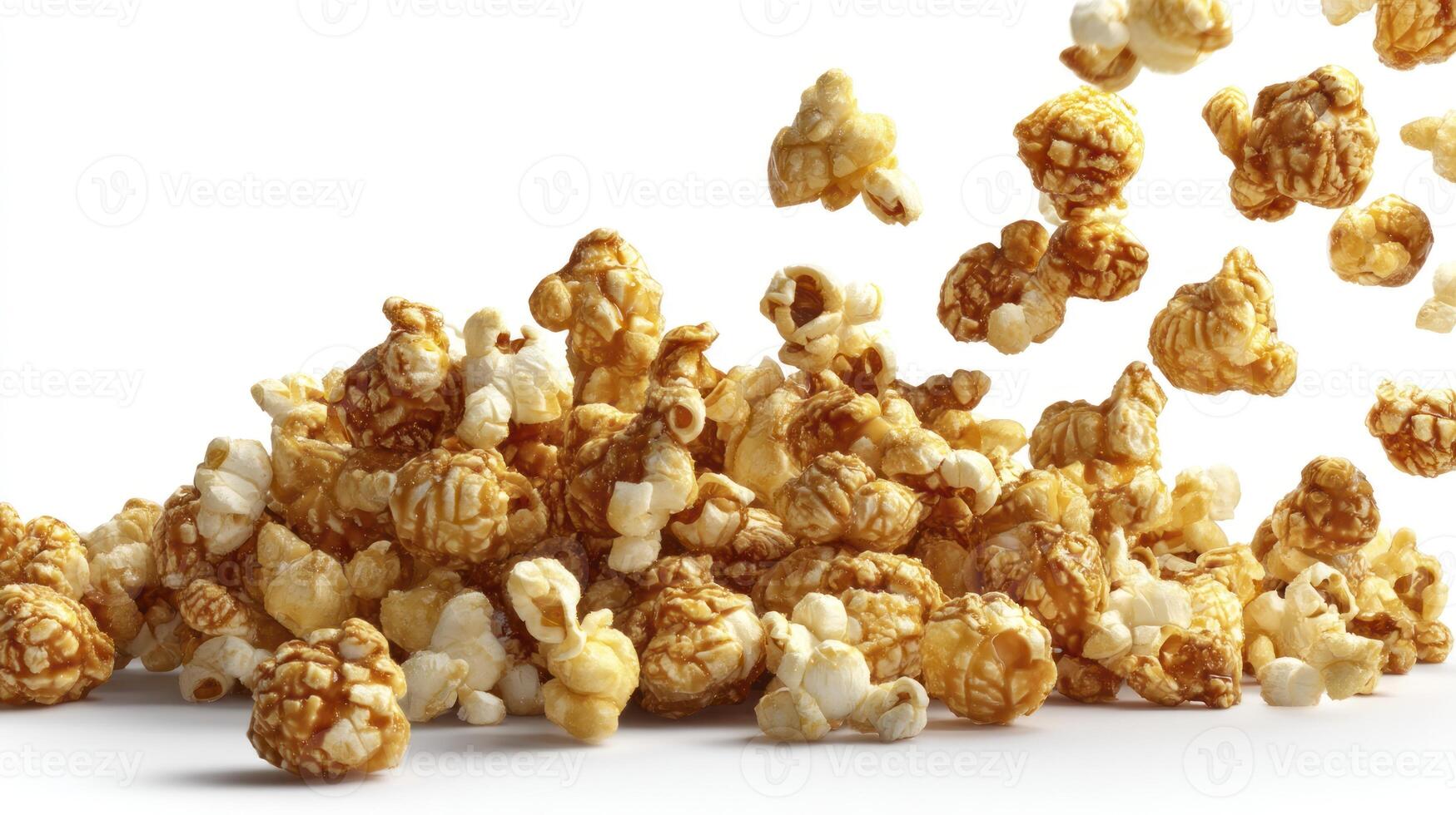Pile of Caramel Popcorn with Some Pieces Falling on White Background photo