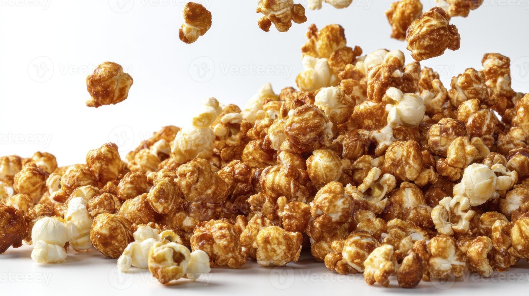 Pile of Caramel Popcorn with Some Pieces Falling on a White Background photo
