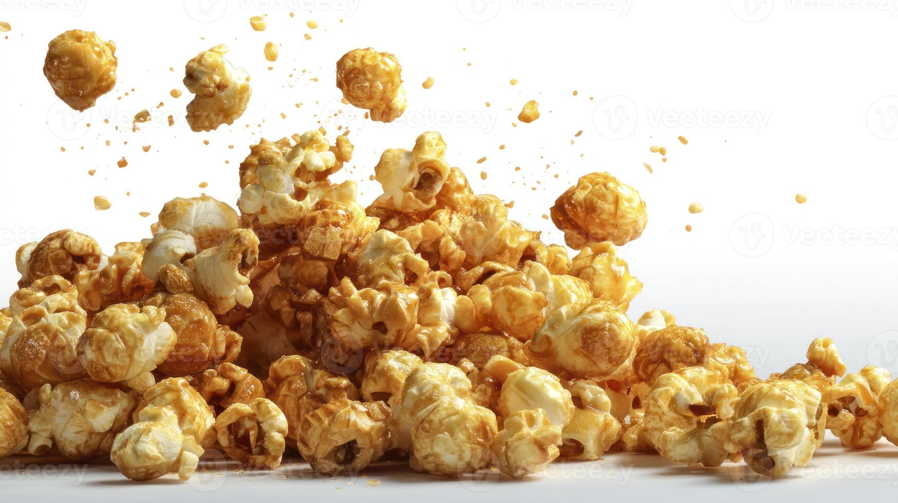 Delicious Caramel Popcorn Falling on White Background Sweet Treat photo