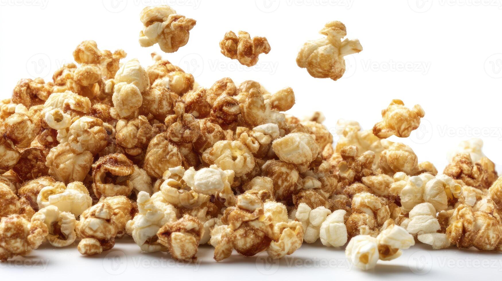 Heap of Caramel Popcorn with Pieces Falling on White Background photo