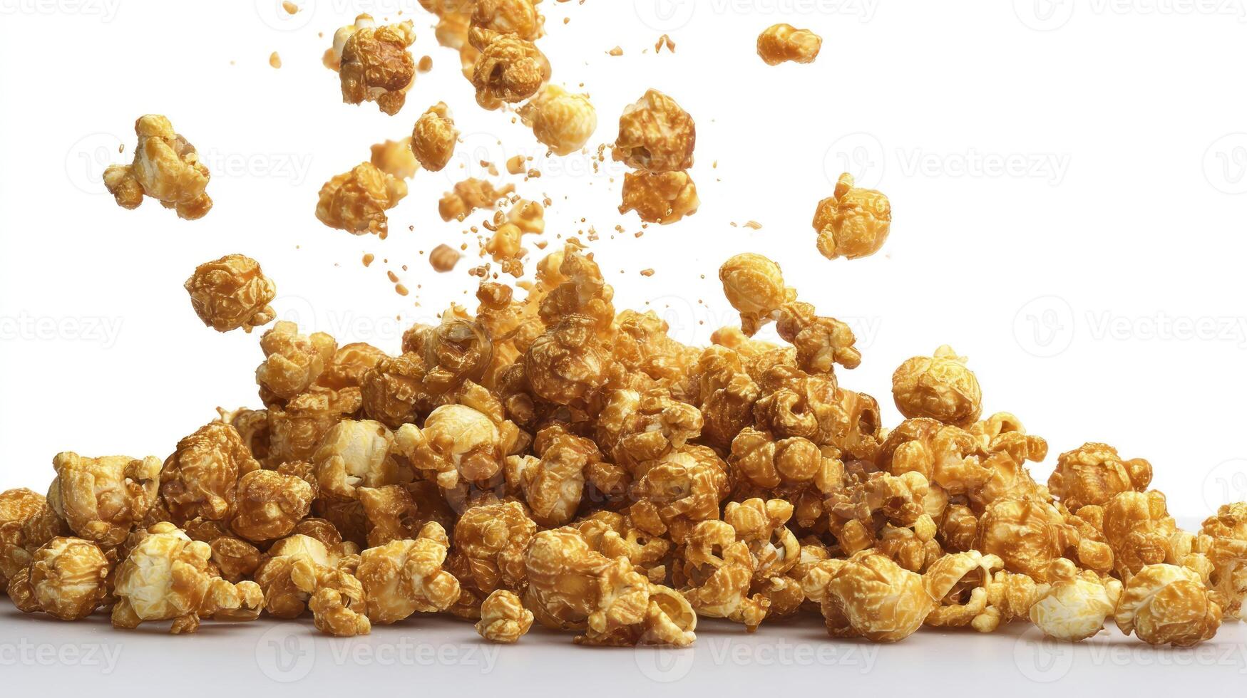 Pile of Caramel Popcorn with Pieces Falling Isolated on White Background photo