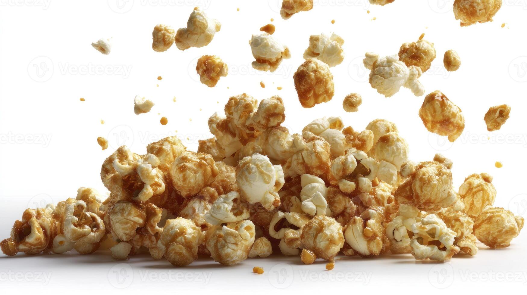 Delicious Caramel Popcorn Pile with Flying Pieces on a White Background photo
