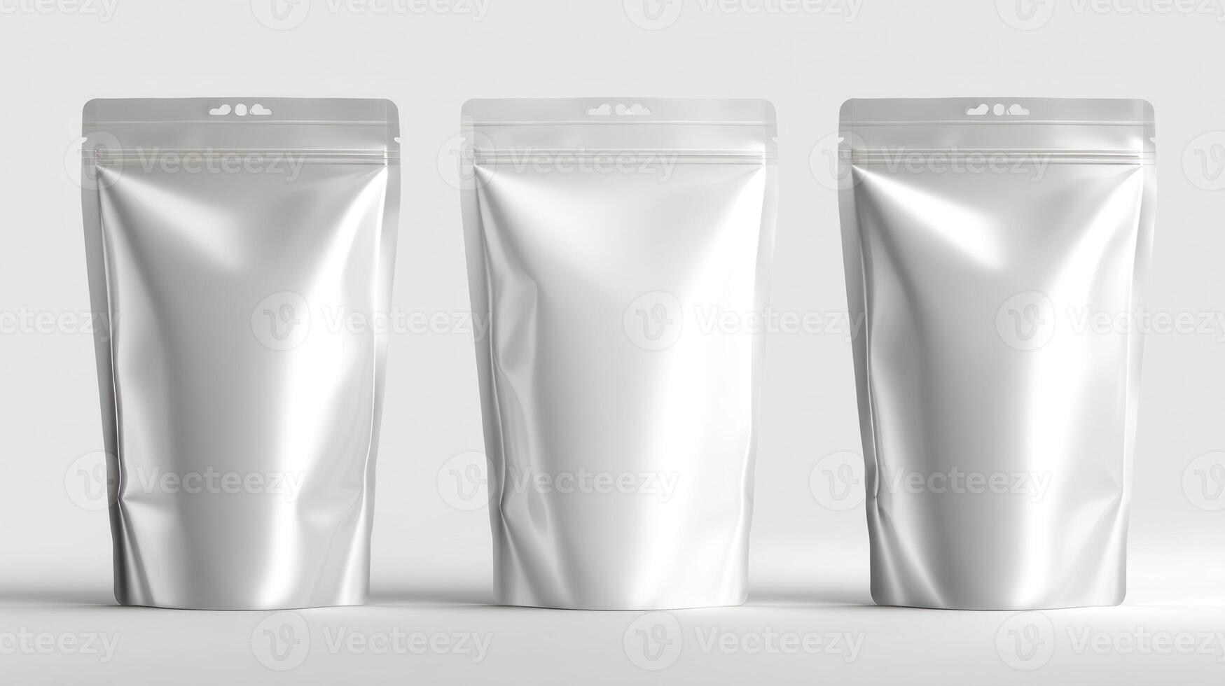 Three Blank Silver Pouches Mockup Standing Upright in a Row photo