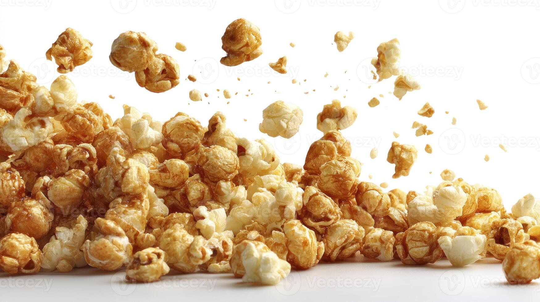 Delicious Caramel Popcorn Falling and Piled Against a White Background photo