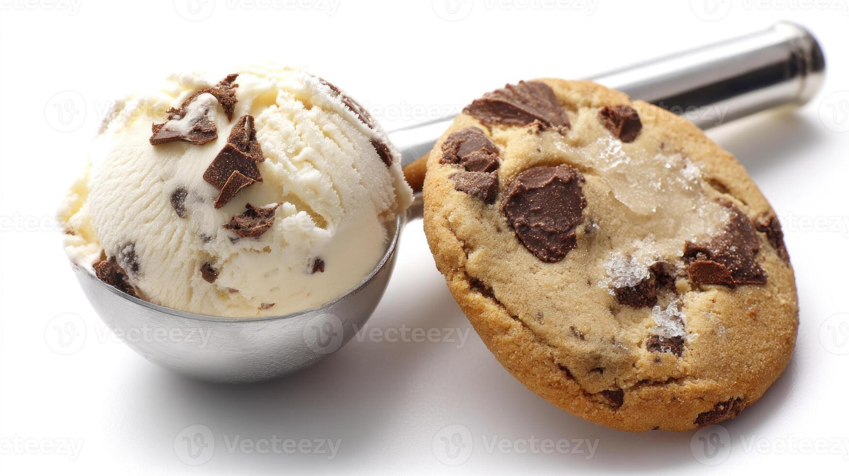 Serving of Chocolate Chip Ice Cream with Cookie on White Background photo