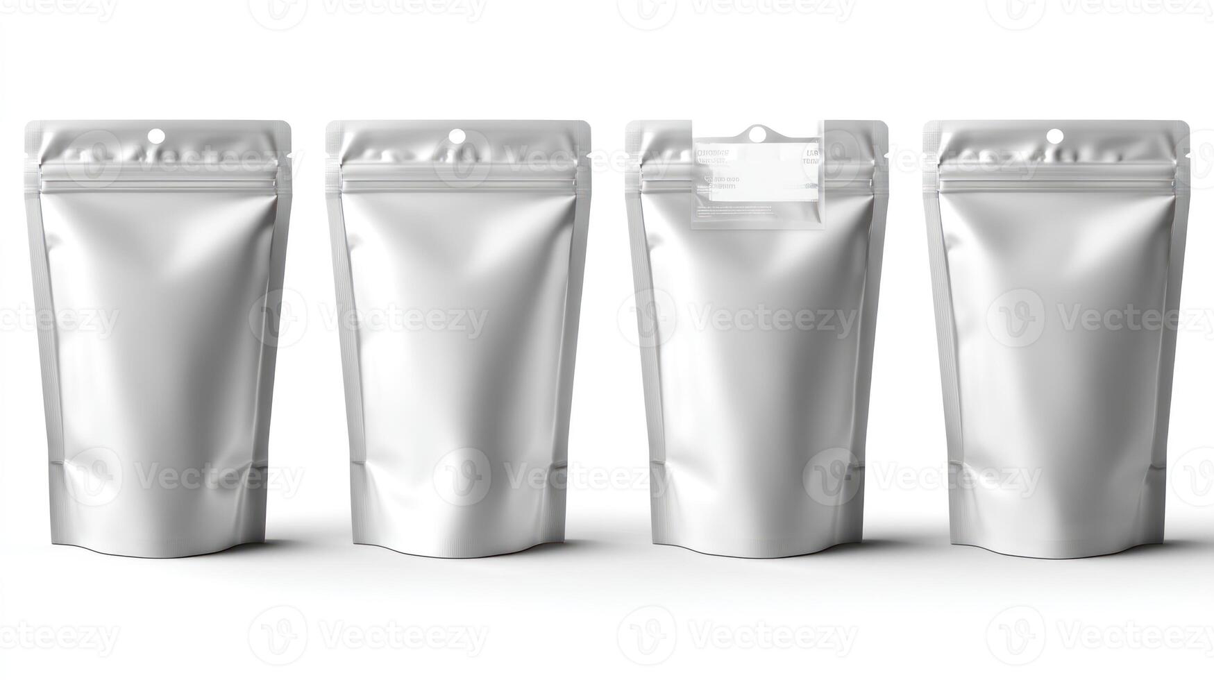 Display of Multiple Silver Stand-up Pouches for Food Packaging Mockup photo