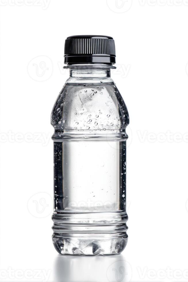Close-up of Water Bottle with Condensation and Black Cap on White photo