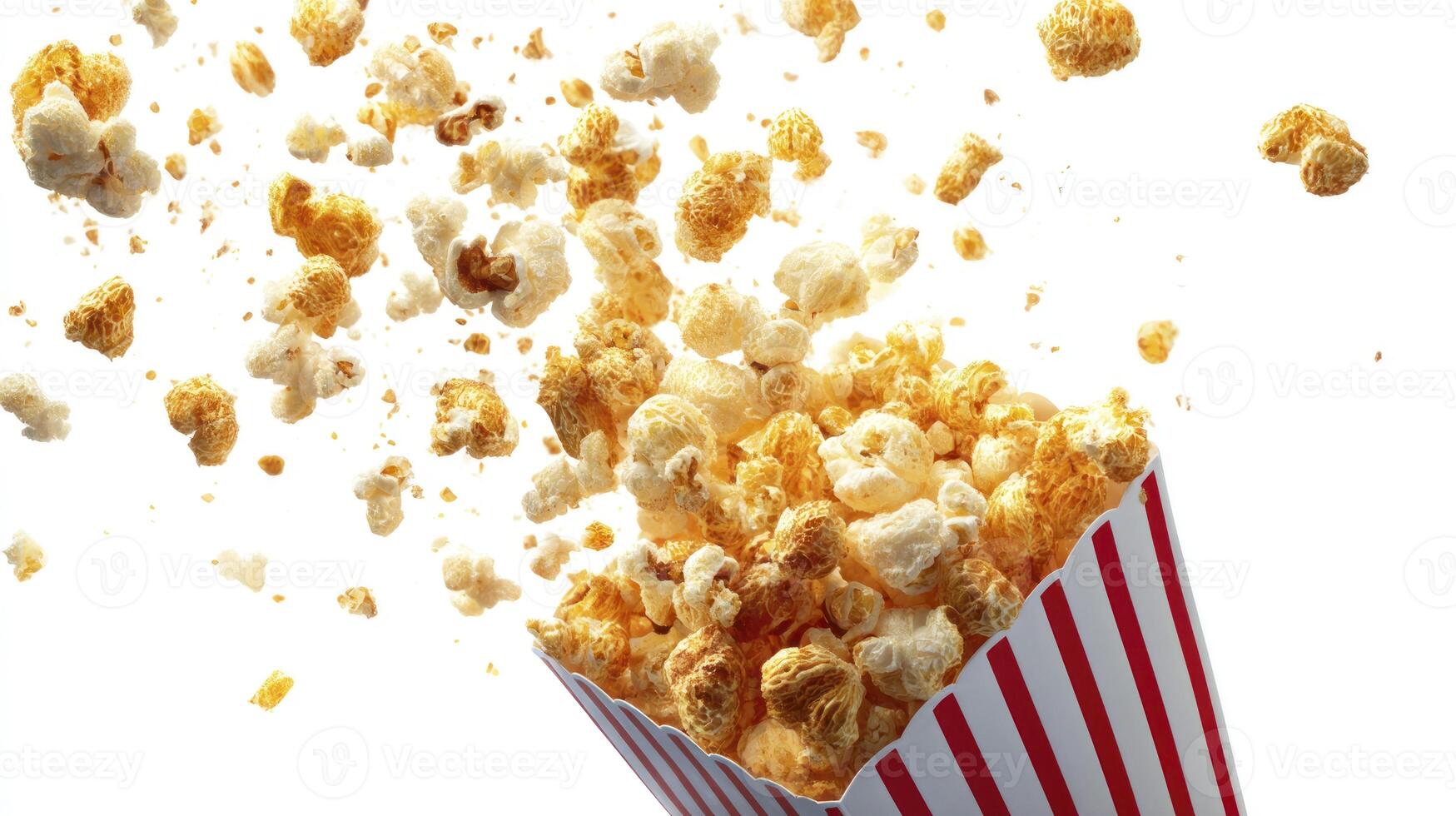 Popcorn Flying From Striped Container on White Background for Movie Snack photo