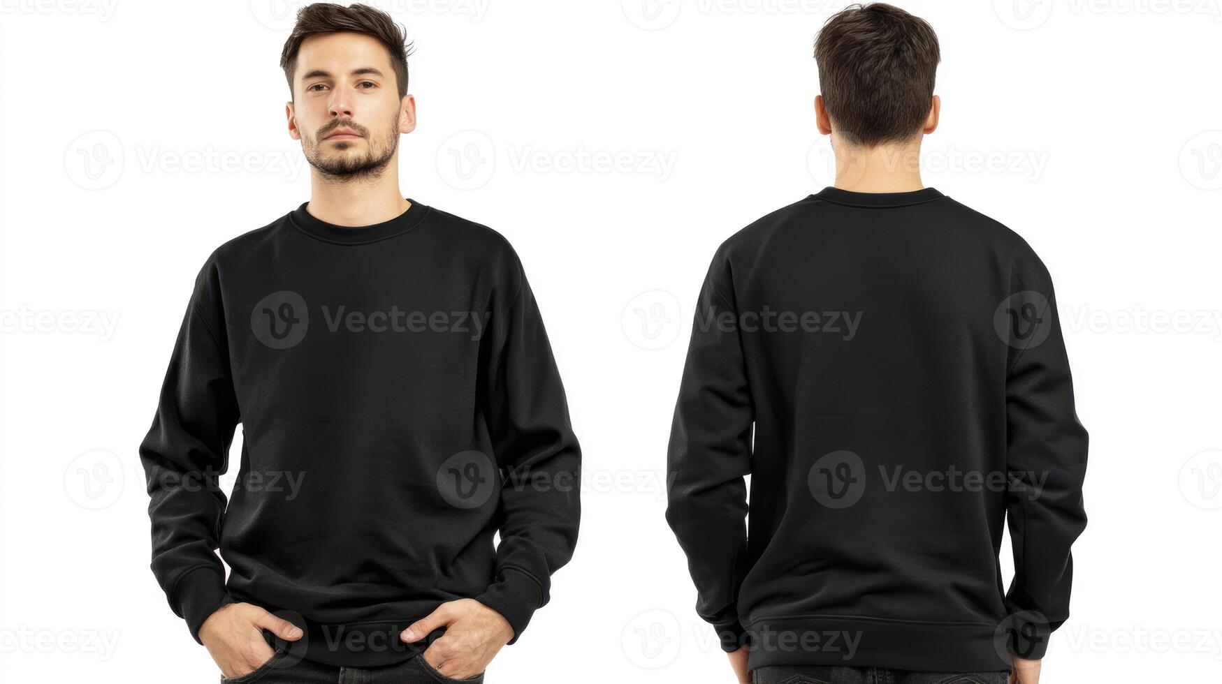 Man Wearing Black Sweatshirt 2 Front and Back View on White Background photo