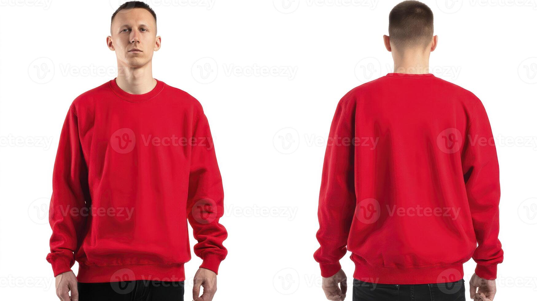 Man Wearing Red Sweatshirt Showcasing Front and Back on White Backdrop photo