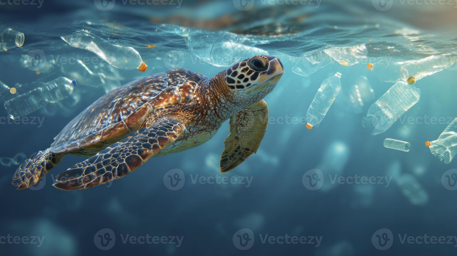 Turtle Swimming Amidst Plastic Pollution in Ocean Waters Underwater View photo