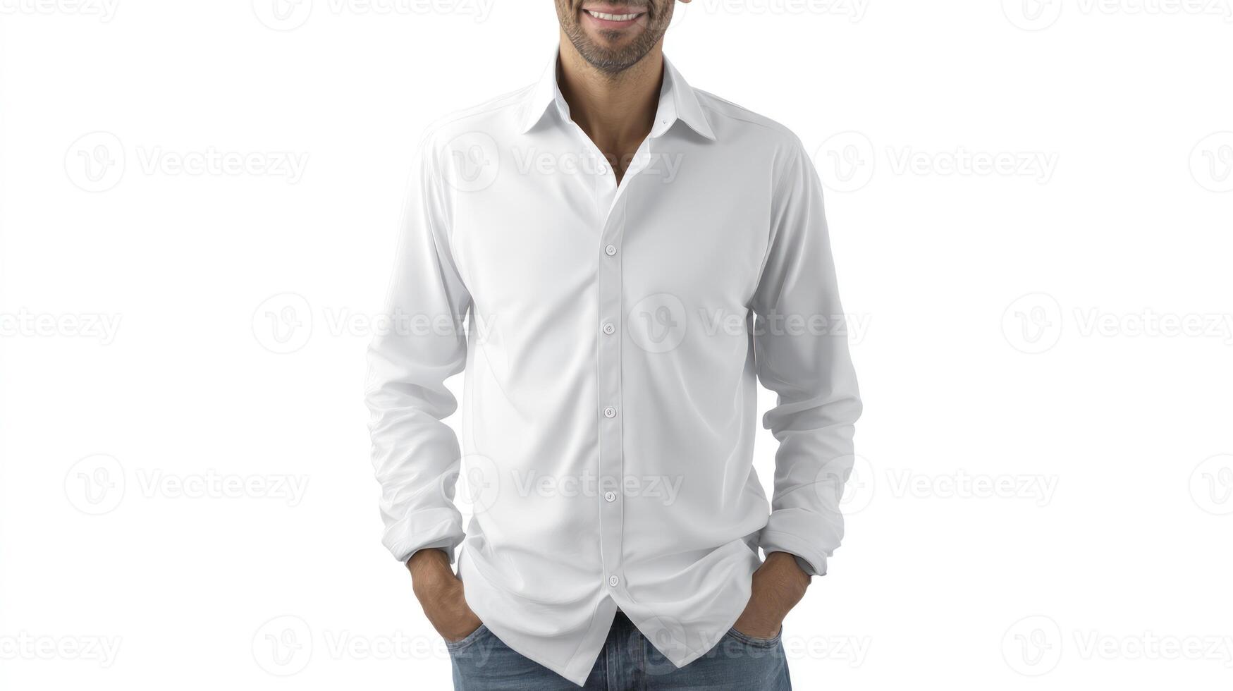 Man Wearing a White Long Sleeve Shirt Posing with Hands Pockets photo