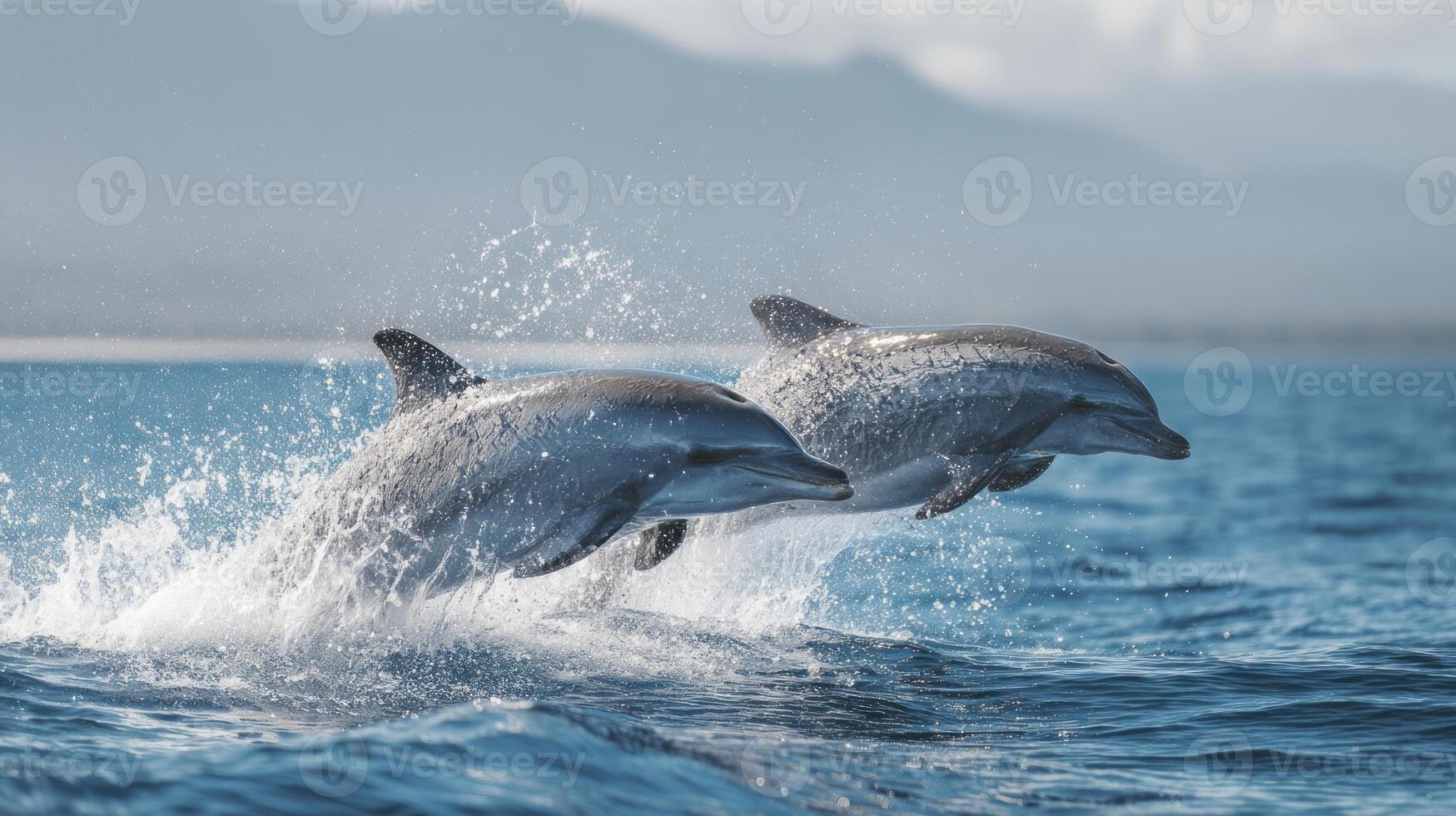 Dolphins Leaping From Ocean Water in Tandem with Mountains in Background photo