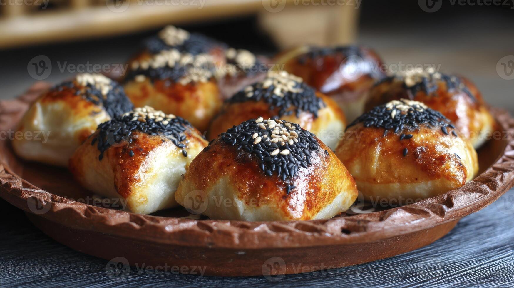 Serving Samosas on Rustic Plate Sprinkled with Black and White Sesame photo