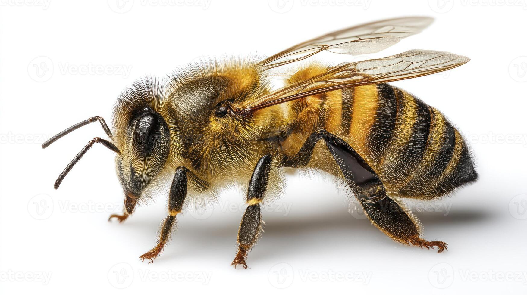 Honeybee Close Up on White Background Showcasing Intricate Details and Textures photo