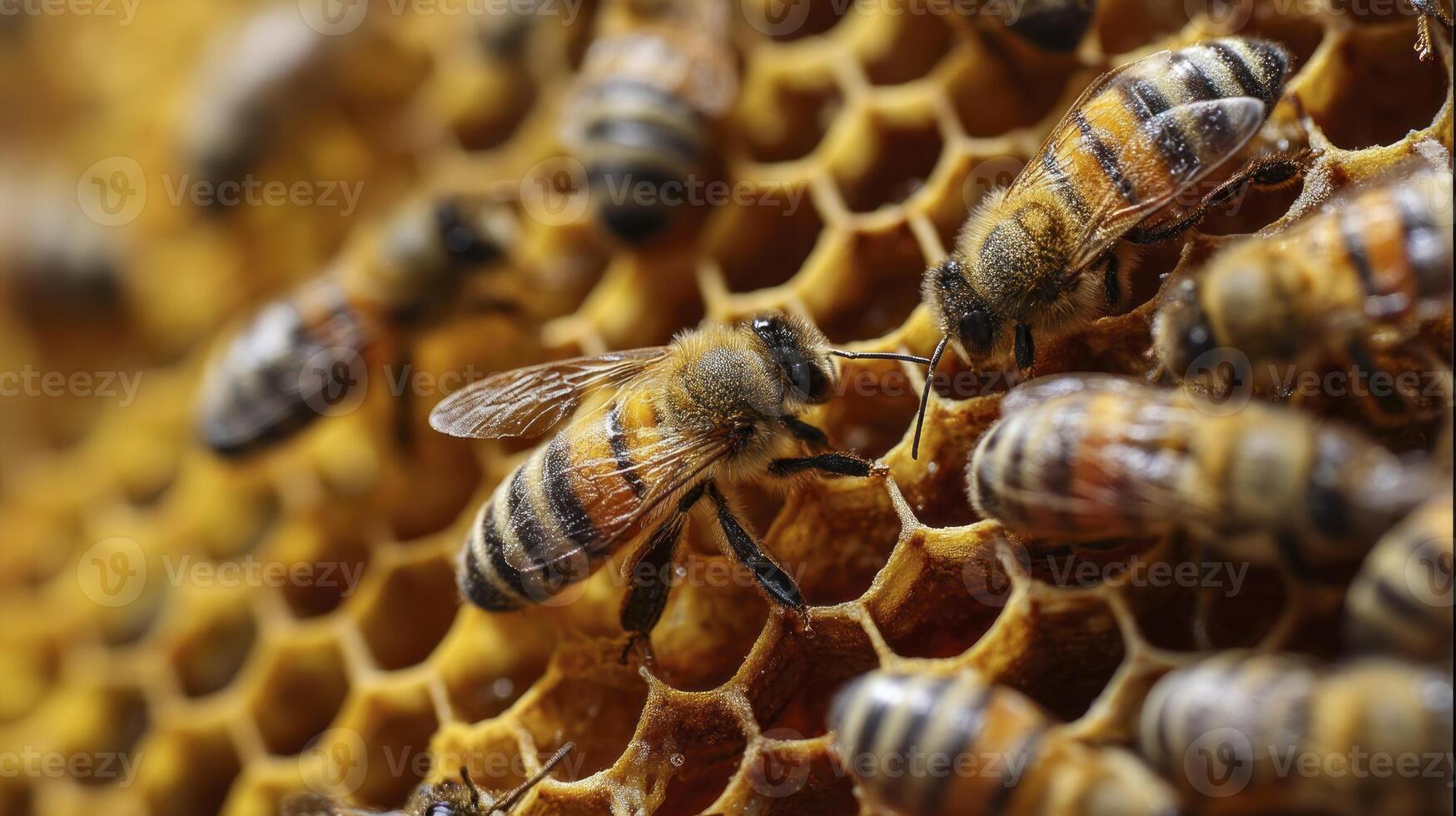 Bees Working on Honeycomb Structure Inside Beehive Close-up Photo