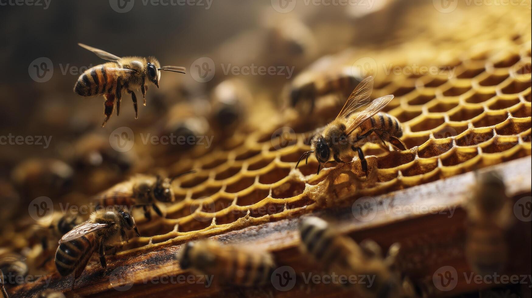 Bees Gathering on Honeycomb Structure Close Up Showing Honey Production photo