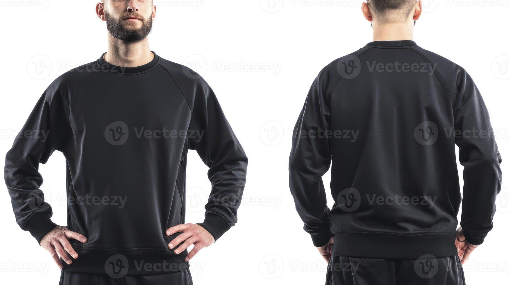 Man Wearing Black Sweatshirt with Front and Back Views on White photo