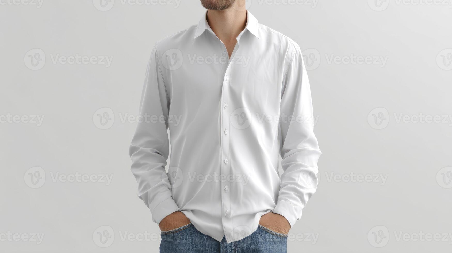 Man Wearing a White Shirt with Hands in Pockets in Casual Style photo