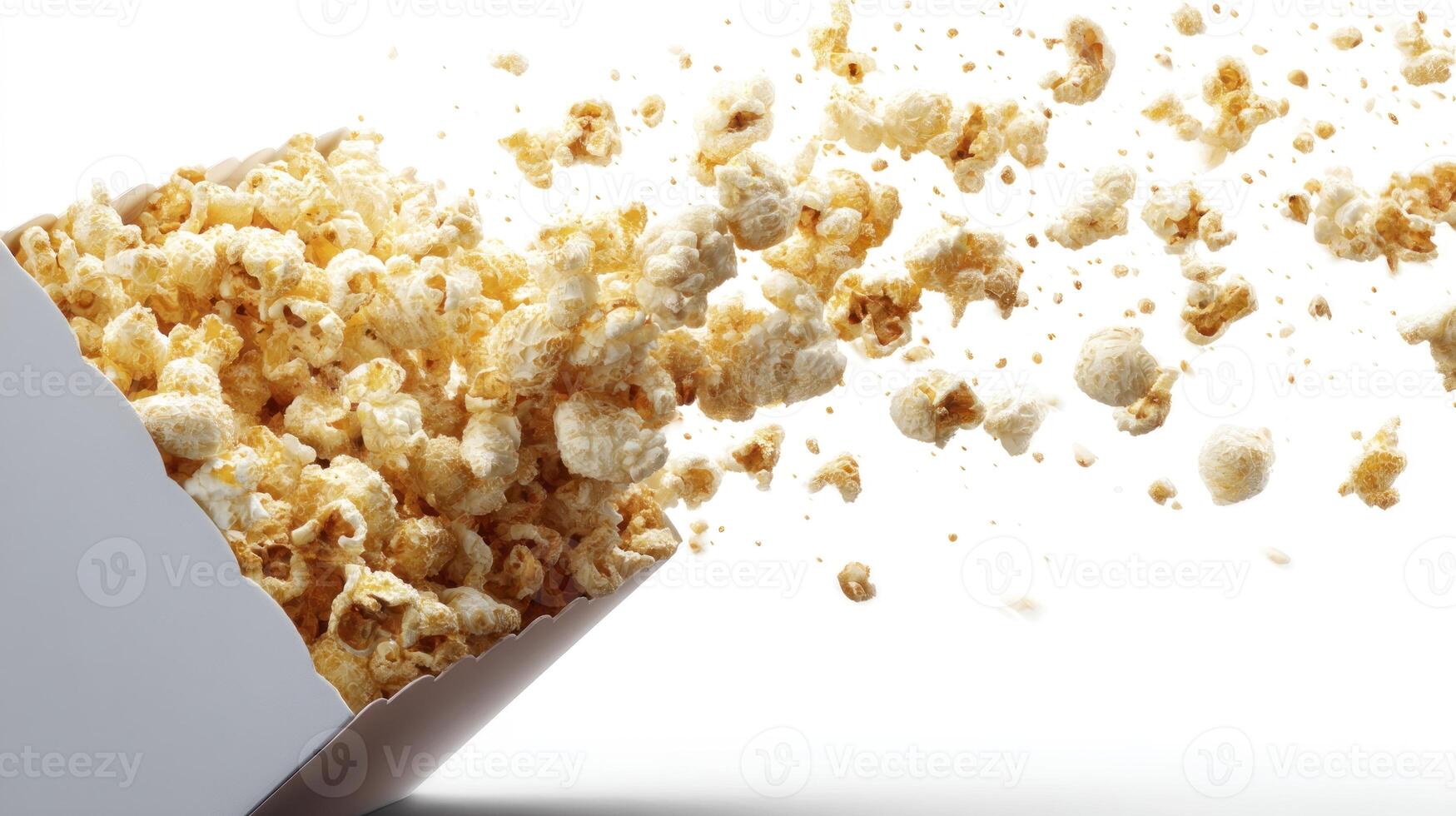 Popcorn Exploding From Container on White Background Food Photography photo