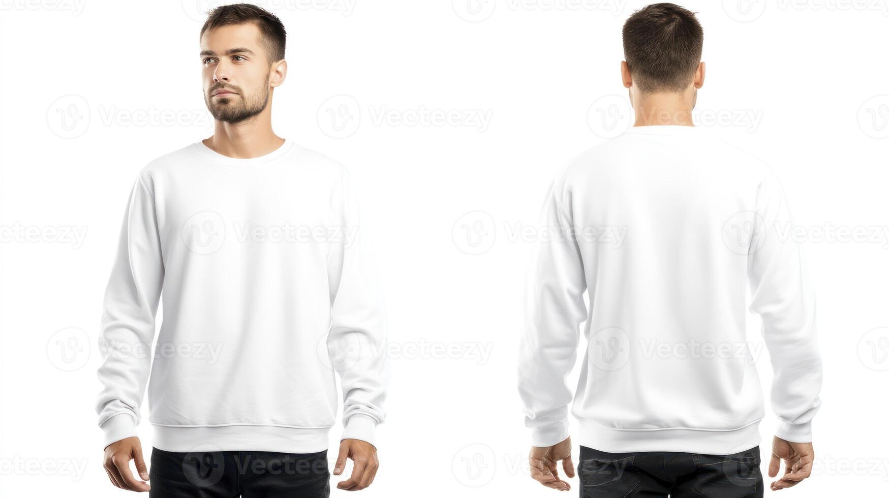 Man Wearing White Sweatshirt Front and Back Isolated on White Backdrop photo
