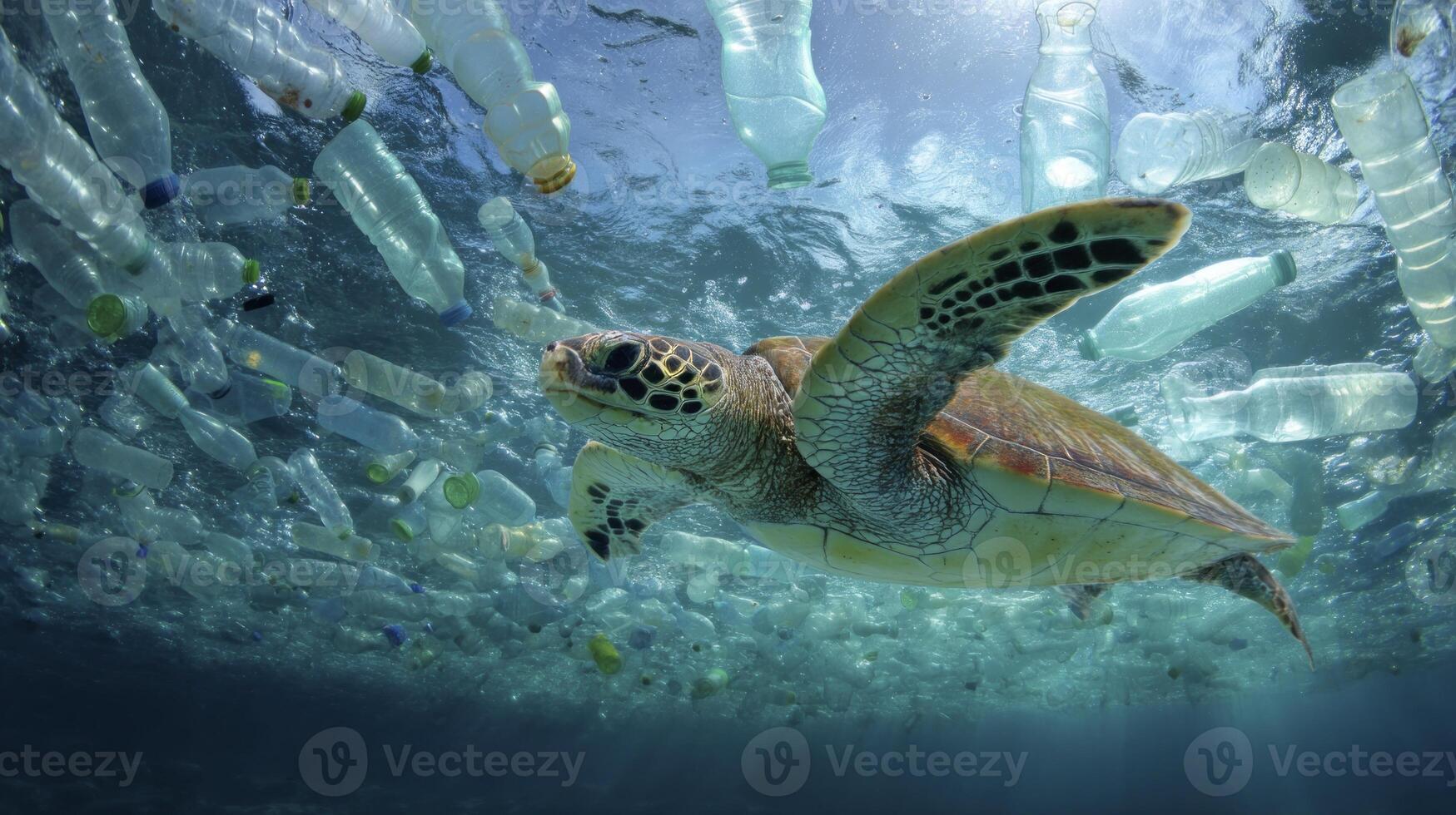 Sea Turtle Swimming Amidst Plastic Bottles Showing Ocean Pollution Problem photo
