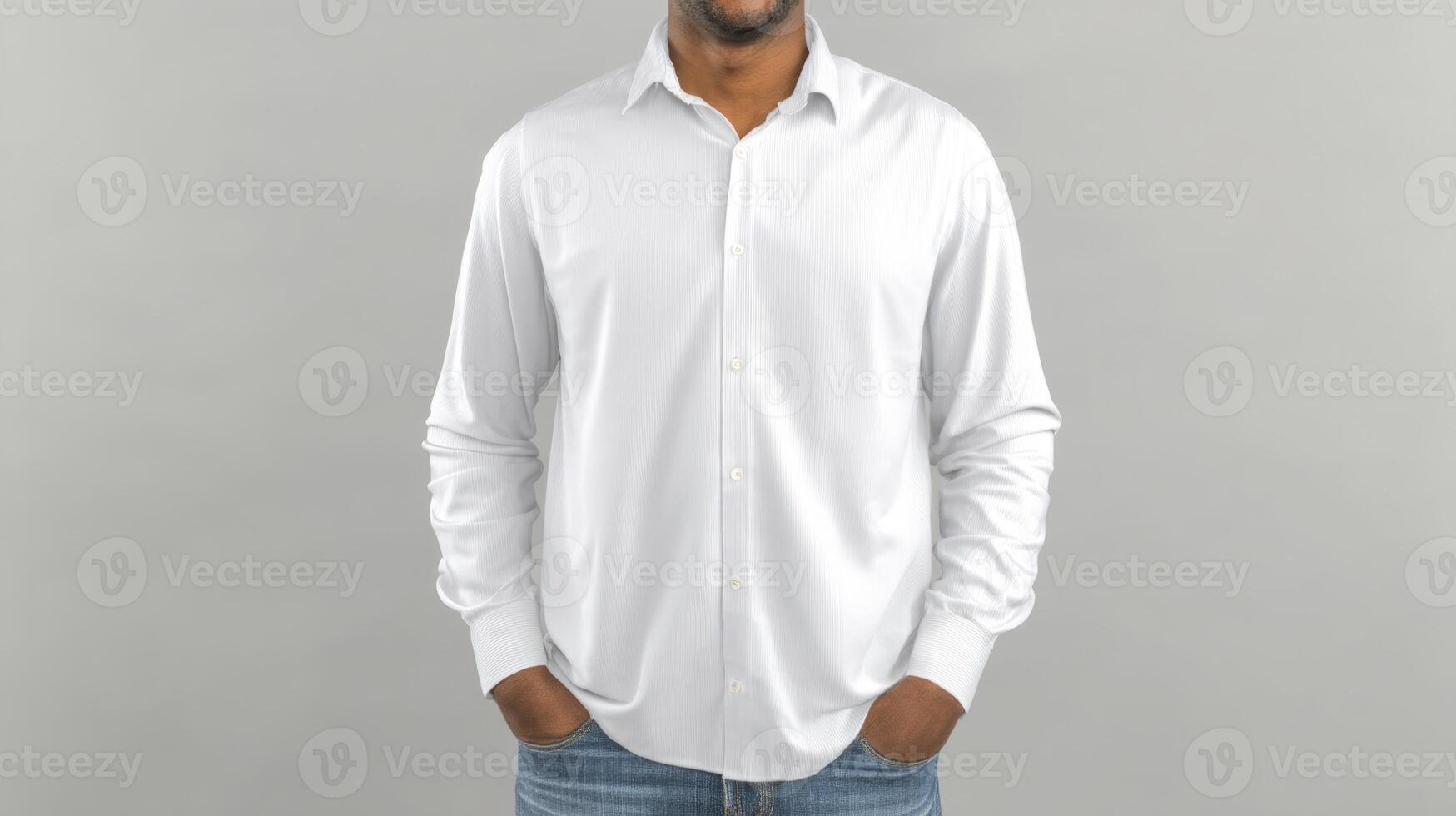 Man Wearing White Long Sleeve Shirt with Hands in Denim Pockets photo