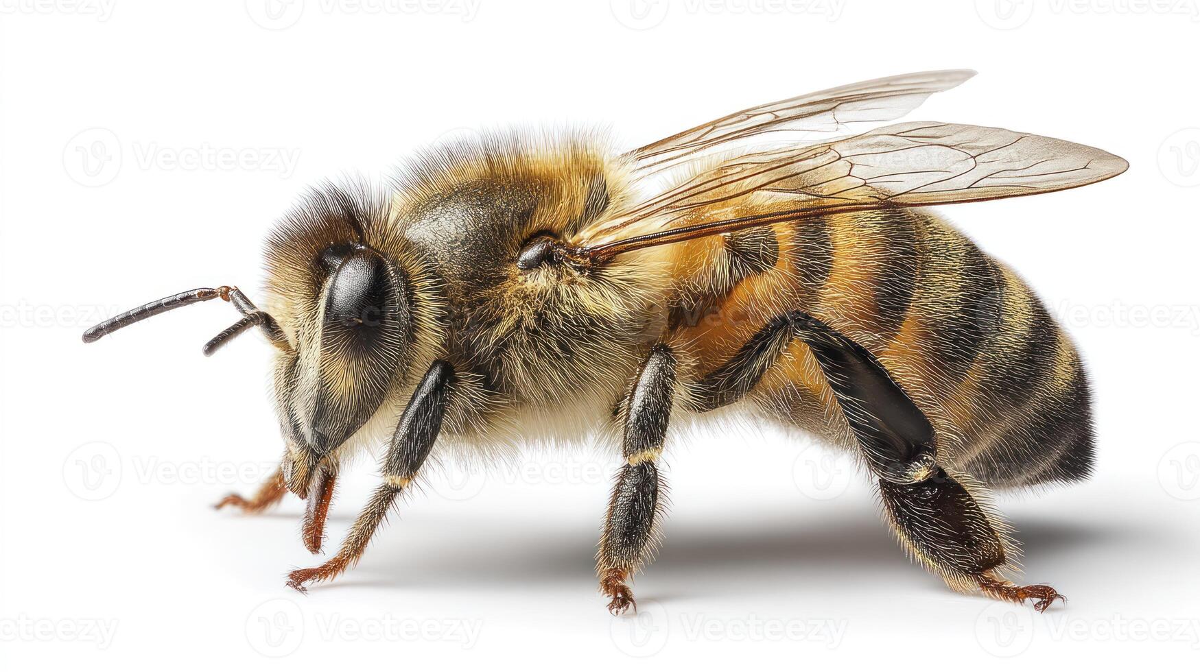 Honeybee Closeup Showing Wings and Striped Body on White Background photo