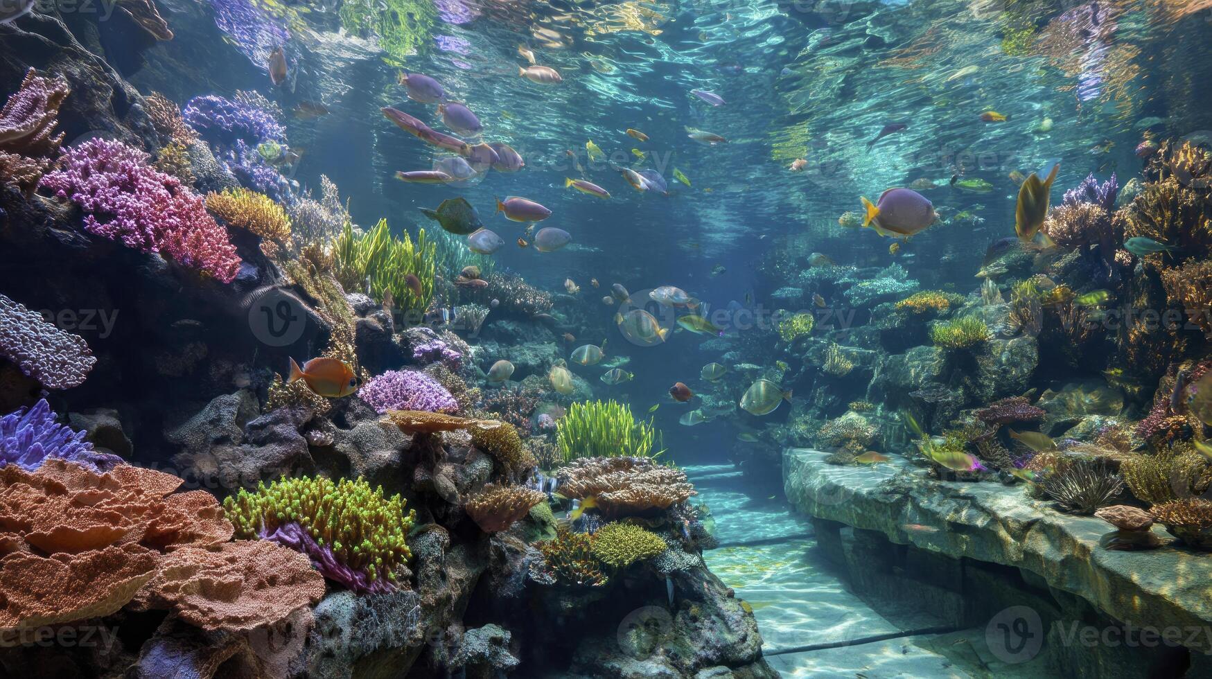 Swimming Fish in Colorful Coral Reef with Sunlight Streaming Through Water photo