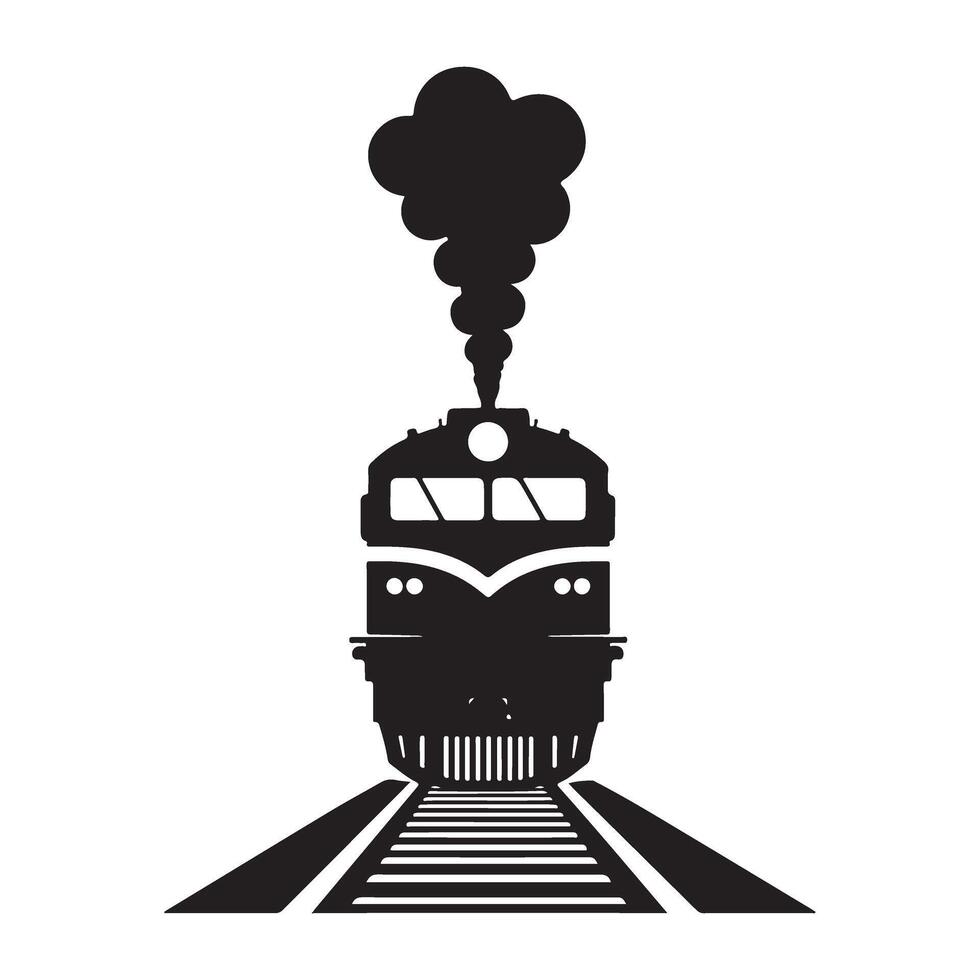 Front view of steam train silhouette illustration with smoke vector