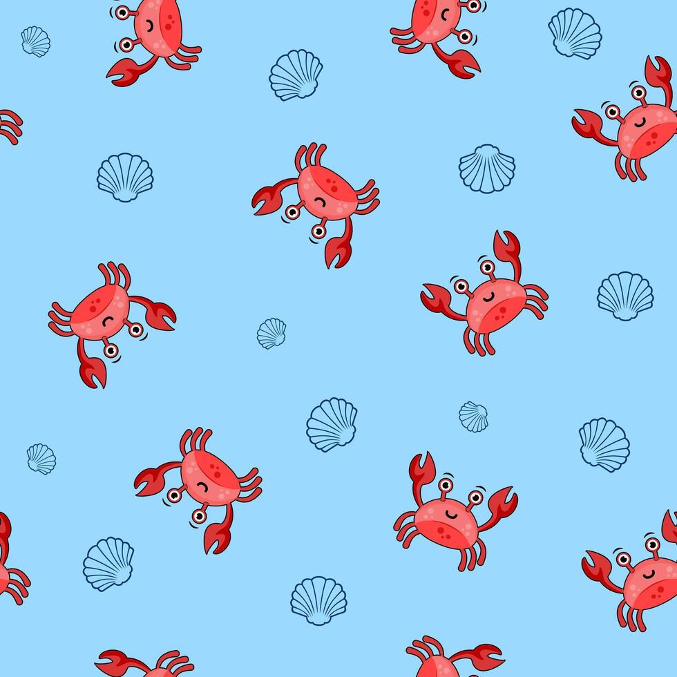seamless pattern of cute crabs and shells vector