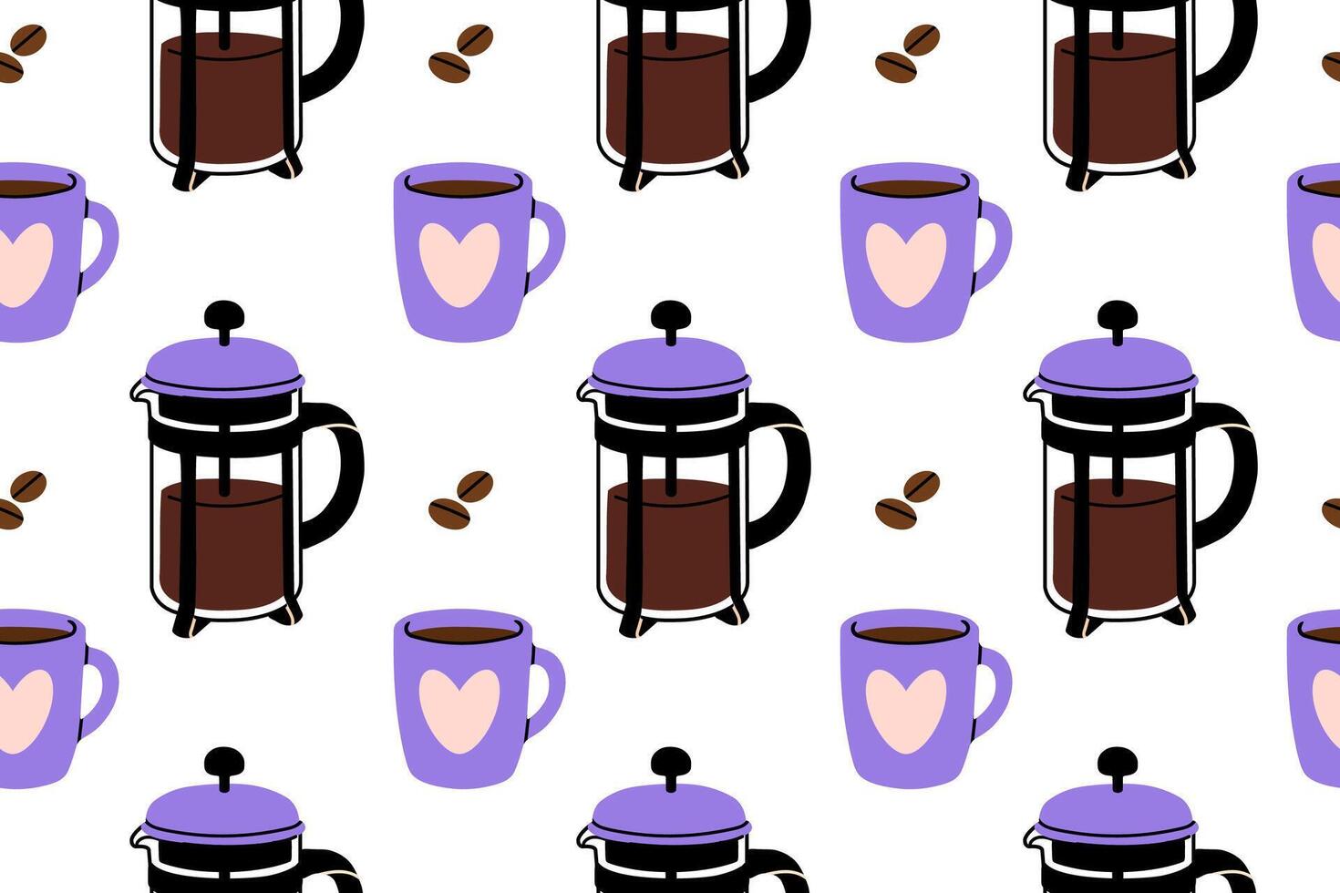 Seamless pattern featuring French presses, coffee mugs, and scattered coffee beans on a white background vector